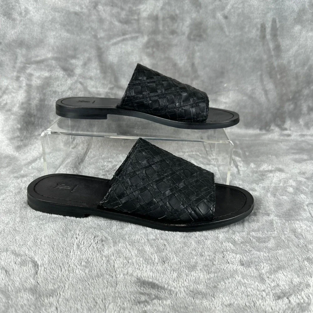 Frye Black Woven Leather Slides Flat Sandals 6M Minimalist Beach Bohemian Summer